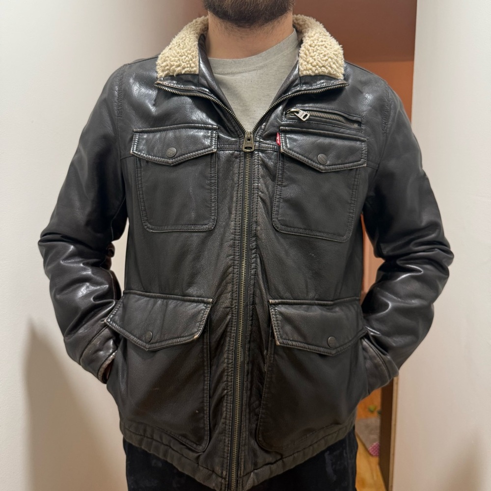 Levi’s Men’s Sherpa Lined Faux Leather Bomber Jacket